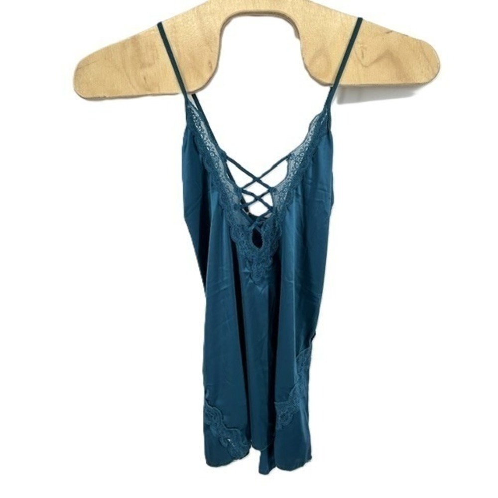 Avidlove Lingerie Teal Satin Lace Trim Crisscross Strappy Chemise Babydoll XL